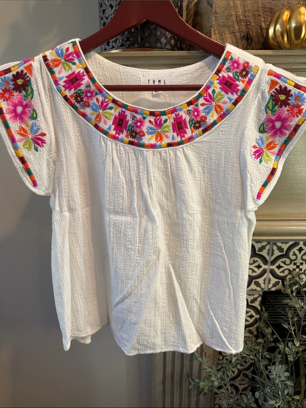 THML White Boho Blouse with Bright Floral Embroidery